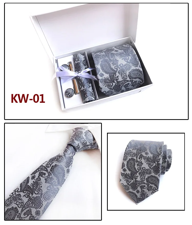 KW01 Мужской модный комплект галстуков, шелковые галстуки в горошек, галстуки для мужчин, галстук, платок, запонки, подарочная упаковка, Мужская одежда, аксессуары - Цвет: KW01