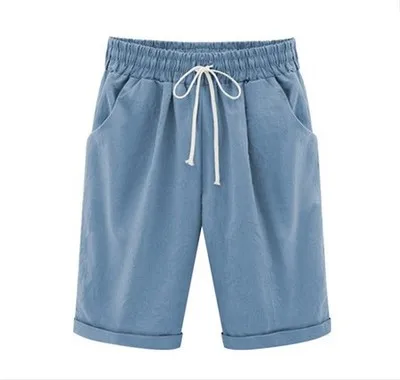Больше размера d женские летние хлопковые льняные шорты повседневные дамские эластичные короткие свободные брюки размера плюс S-8XL WDC2019 - Цвет: LightBlue
