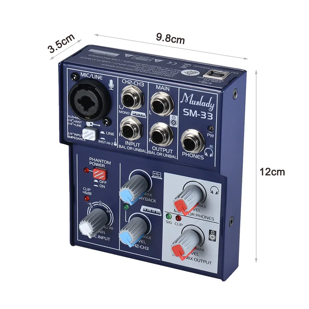 Muslady SM-33 Мини 3-канальный блок питания с звуковая карта микшерный пульт Цифровой аудио поддерживает 5V Мощность банк USB Питание