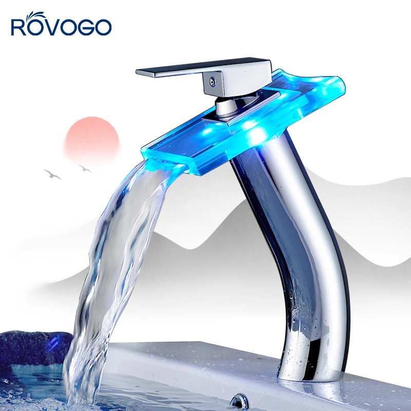 

ROVOGO LED Bathroom Faucet Thermostatic Sensor Color Change Tap Waterfall Basin Mixer Cold and Hot Water Crane Single Handle Tap
