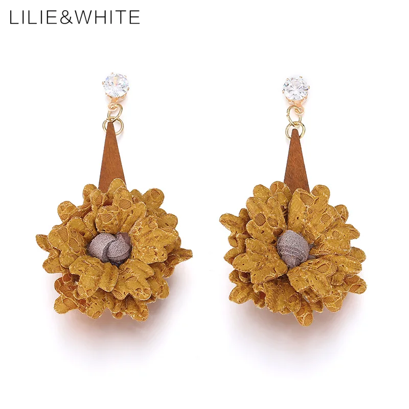 LILIE&ampWHITE 2017 Trendy Wood And Fabric Flowers Drop Earring For Girls Plant Earrings Women Jewelry Accessories Wholesale HF |