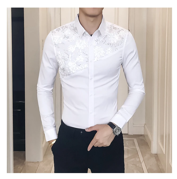 Повседневное Camisa Masculina 2019 весна корейский человек рубашка с длинными рукавами кружево кружевное комбинированное прическа отдел