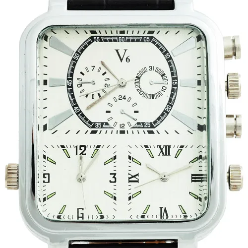 

Top V6 Men Sport Quartz Watch Collection Big Size Rectangle Steel Bezel Multiple Time Zone Leather Band White Wristwatches Mens