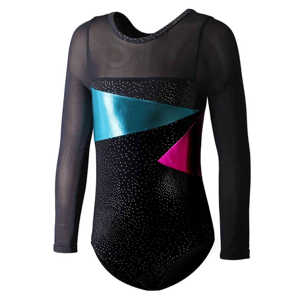 Black Dance Leotards Girls Mesh Long Sleeve Dancewear Child Ballet