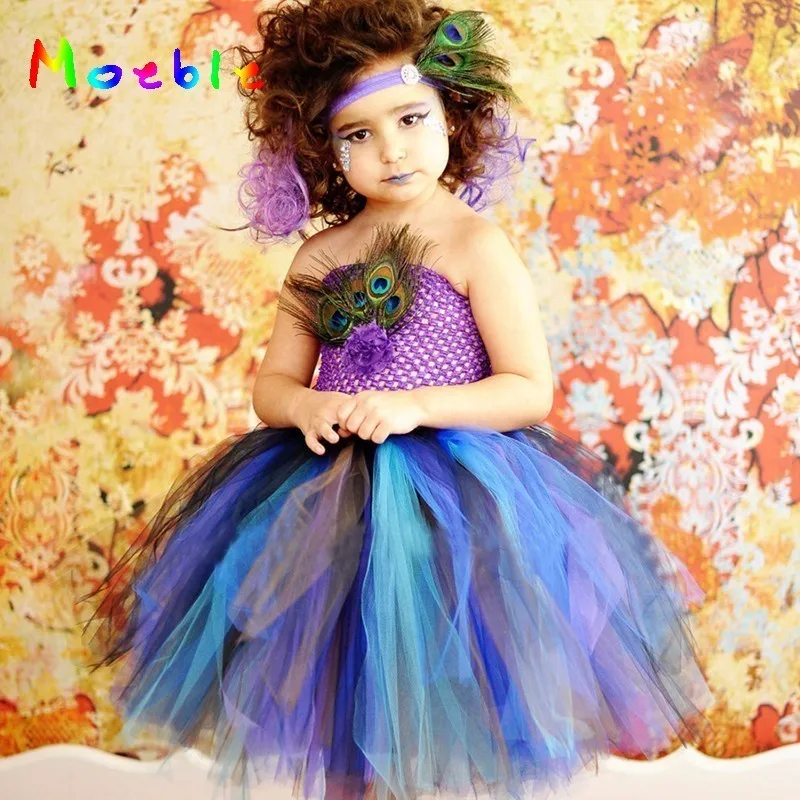 

Princess Girl Peacock Feather Tutu Dress Kids Party Dresses Ball Gown Costume Children Summer Clothing Flower Girl Tulle Dress