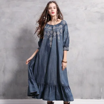 

WSYORE Denim Dresses 2019 New Autumn Casual Loose Denim Dress Women Long Dresses Vintage Embroidered Ruffled Maxi Dress NS1145