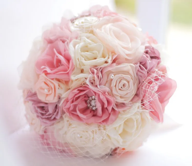 8-дюймовый пользовательские свадебный букет, розовый Коралл свадебный букет ткань, ручной шелковой органзы букет, розовый жемчуг букет