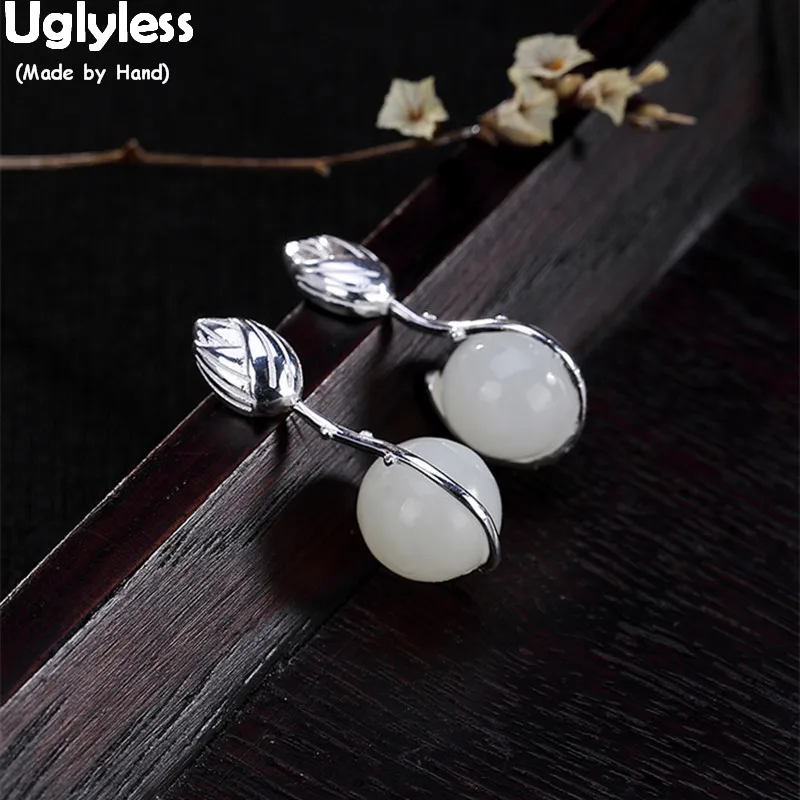 

Uglyless Elegant Lady Nature Gemstones Earrings Handmade 100% Real Solid 925 Silver Lotus Earrings White Jade Balls Fine Jewelry