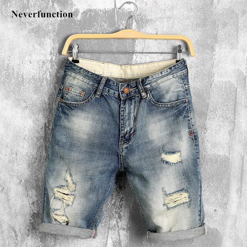 Summer New Men Leather stitching Ripped Straight Jeans Short Fashion Casual Holes Bermuda Retro Cargo Denim jogger shorts 38 40