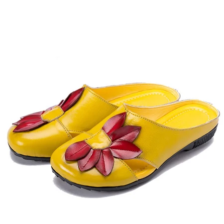 PLARDIN/Коллекция года; сезон лето; женские шлепанцы из натуральной кожи с закрытым носком; женские шлепанцы ручной работы с цветочным узором в винтажном стиле; женская обувь на плоской подошве - Цвет: yellow