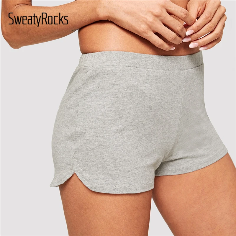 SweatyRocks Grey Elastic Waist Solid Shorts Active Wear Stretchy Women
