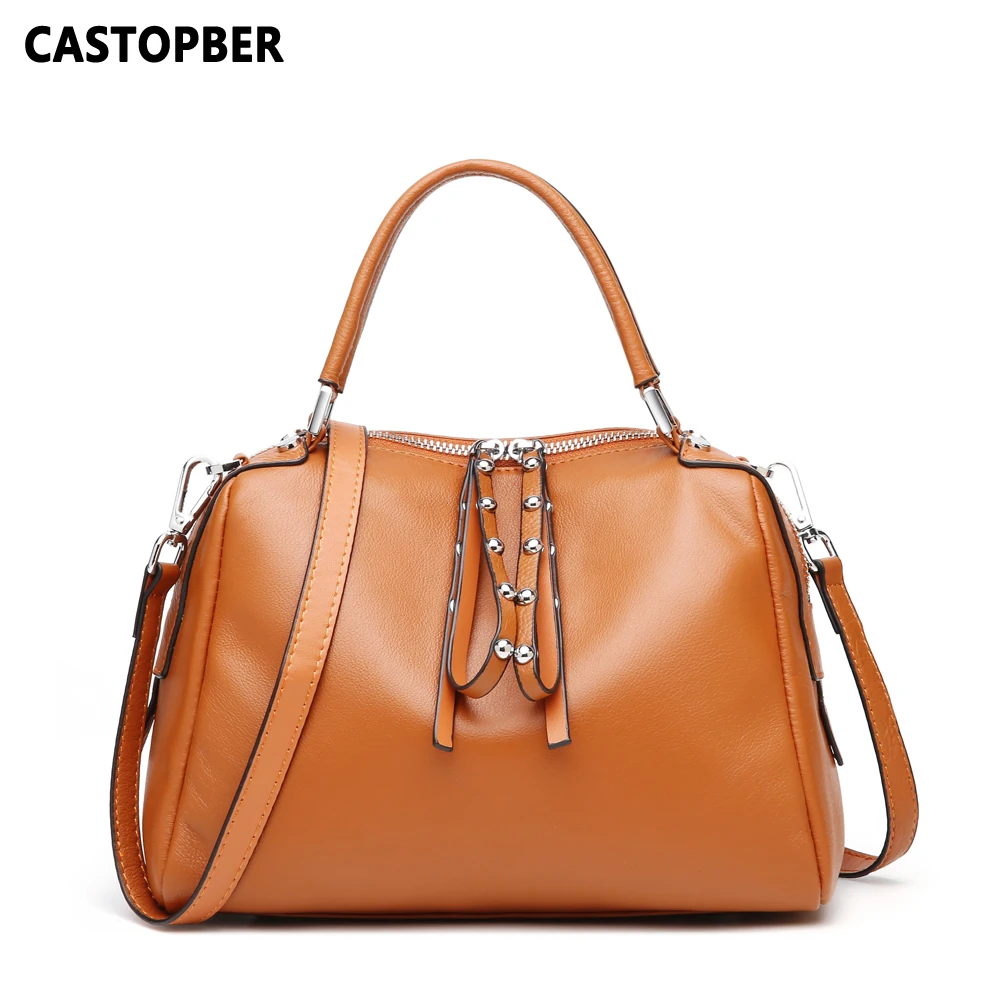 

Women's Leather Boston Bag Cow Genuine Leather Fashion Rivet Ladies Shoulder Handbags Crossbody European and American Style Bags