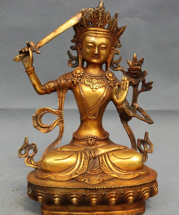 

005747 11" Tibet Bronze Gilt Buddhism Joss Protect Manjushri Bodhisattva Buddha Statue