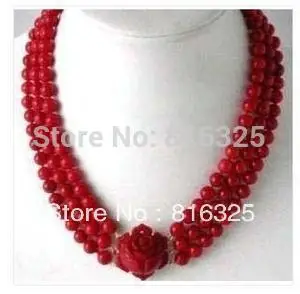 

>N 3 Rows Red Coral Beads Flower Pendant Clasp Necklace #1156