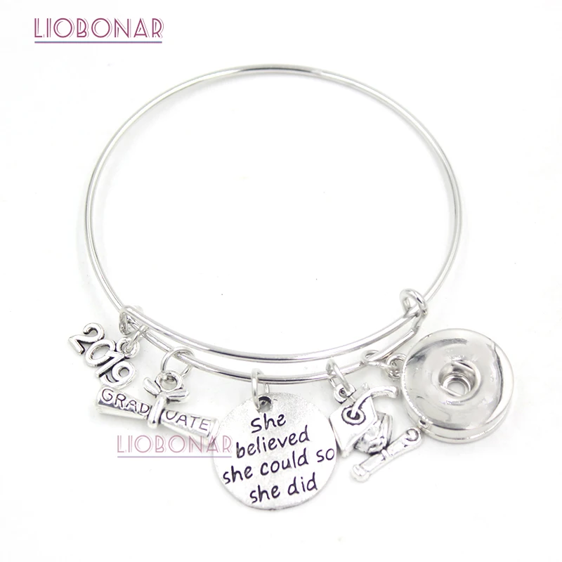 

1PC Snap Jewelry 2017 2018 2019 2020 Graduation Bracelet Expandable Wire Bangle Snap Button Bracelet for College Graduation Gift