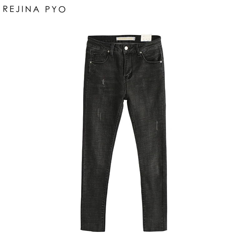 

REJINAPYO Women Casual Skinny Denim Pencil Jeans Female High Waist Stretching Skinny Jeans Ladies Scratched Washed Ripped Jeans