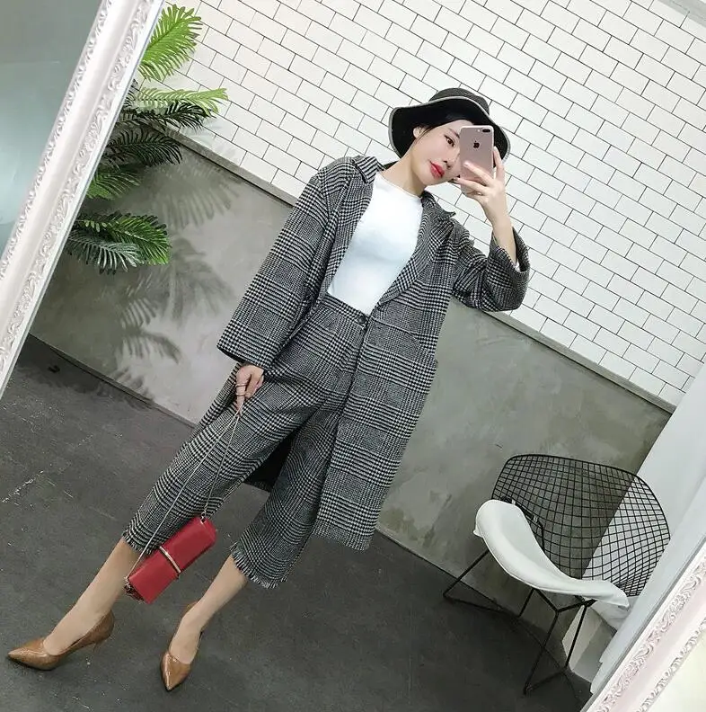 

Retail Big Girls 18-22T new Arrival AUtumn Good quality 2017 Fashion temperament long coat lapels + wide-legged pants suit X2178