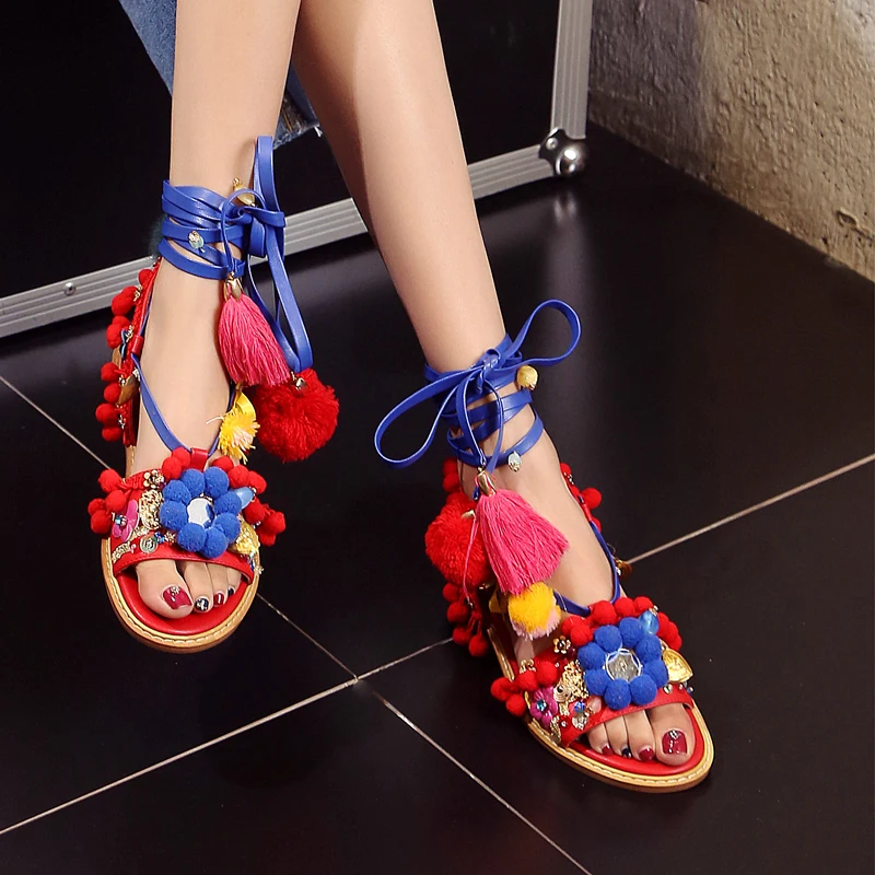 

Choudory Bohemian Style Mix Flowers Fringe Studded Sandals Women Fashion Flat Shoes Gladiator Sandals Woman Strappy Summer Shoes