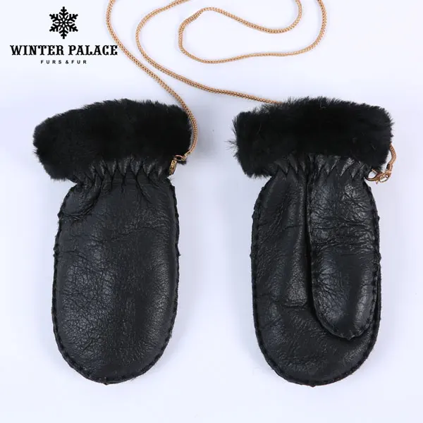 Новые тёплые варежки для детей натуральные овчины милые перчатки ЗИМНИЙ ДВОЕЦ - Цвет: black