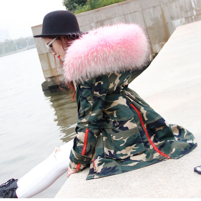 2016 winter jacket women outwear 100 real raccoon fur collar asymmetrical loose oversized Leopard long black Camouflage parka