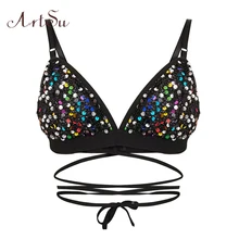 ArtSu, женский бюстгальтер, расшитый блестками, бюстье, укороченный топ, Клубная бандажная пляжная одежда, на шнуровке, на бретельках, топы, Обрезанные, балетная майка ASVE30060