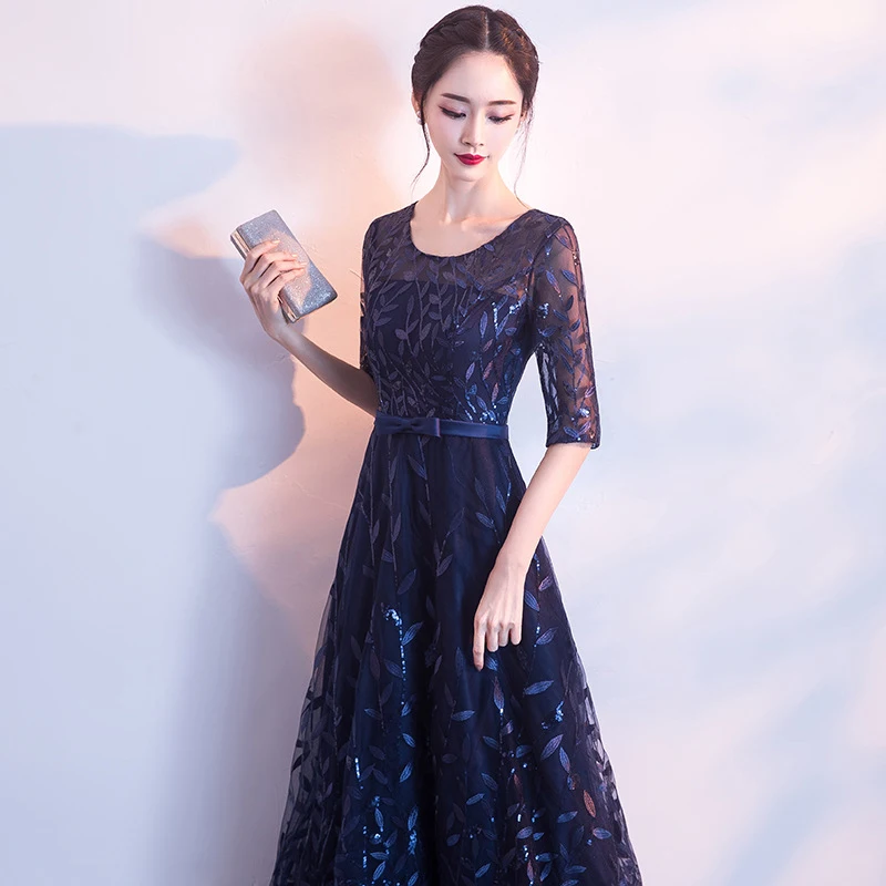 Темно-синее платье с аппликацией и пайетками, женское Макси вечернее платье чонсам, перспективная лента, кружевное Элегантное Изысканное роскошное вечернее платье