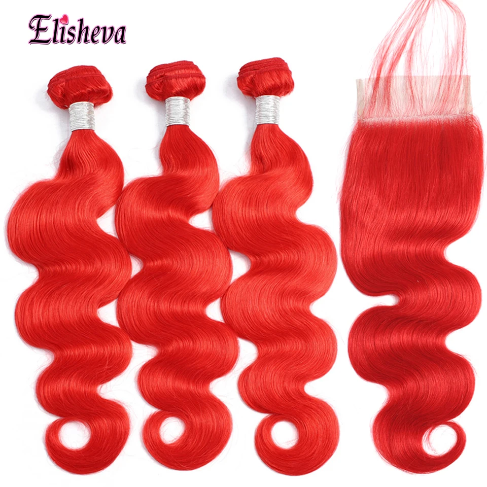 

Red Bundles With Closure Colored Peruvian Body Wave Remy Human Hair 3 Bundles With Closure With Baby Hair Pre-plucked Ombre Hair