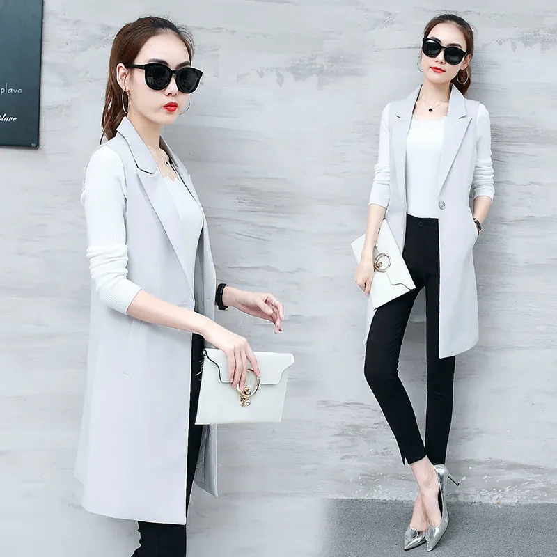 Elegant Suit Vest Women Spring Summer Sleeveless Long Vest Jacket Colete Plus Size 3XL Blazer Vest Coat Women Waistcoat C4202