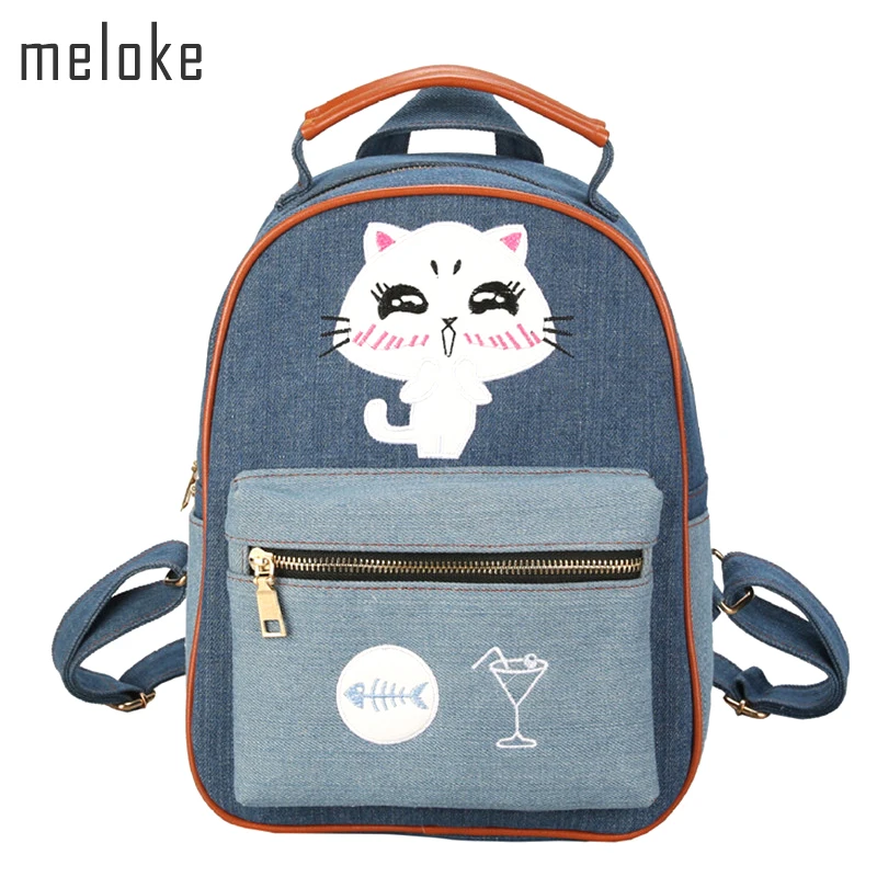 

Meloke 2019 new Cute cat embroidery denim backpack girls small daily backpack travel high middle school students bagsMN678
