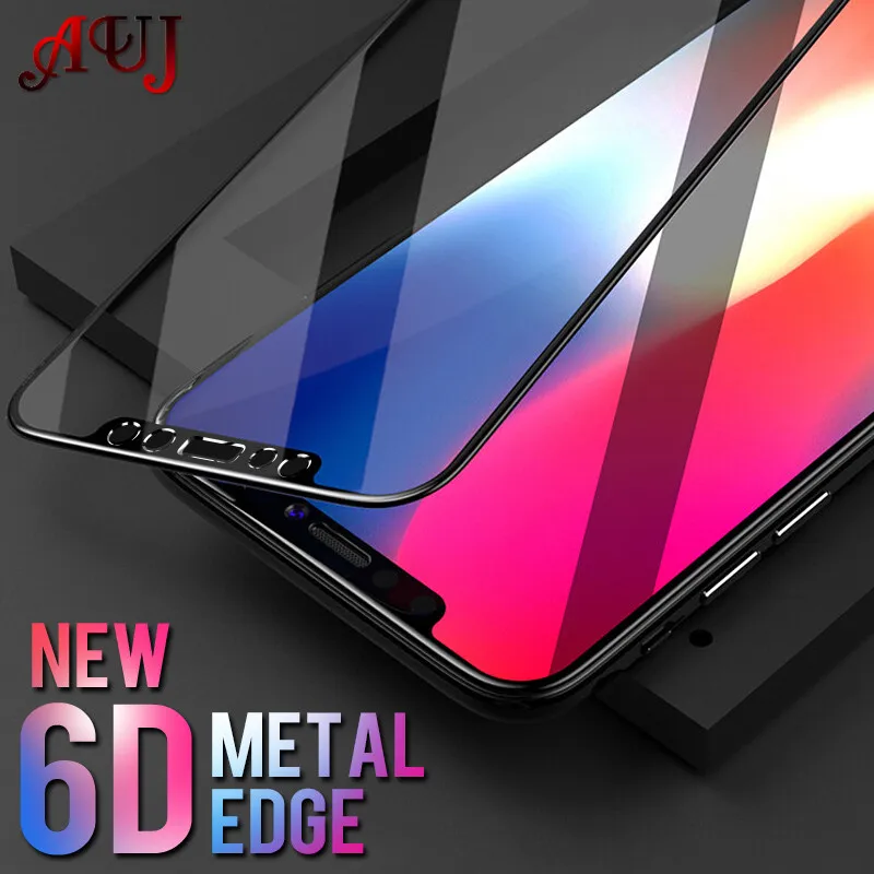 Beste AUJ 6D Gehard Glas voor iPhone 6 6 s Plus Volledige Screen Protector Cover voor iPhone X 5 5 s 7 8 Plus Glas Film 9 H Metalen Rand