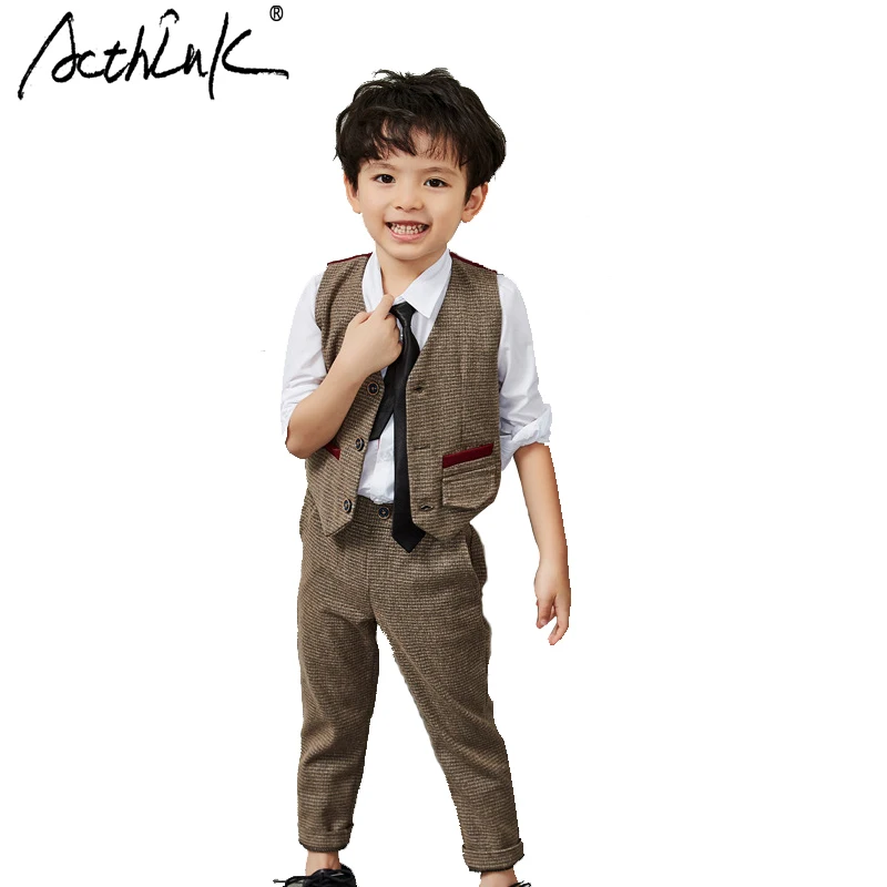 

ActhInK 2017 Autumn Fashion England Style Solid Boys Sleeveless Wedding Vest Cotton Suit Breathable V-Neck 3pcs Set Suits,TC166