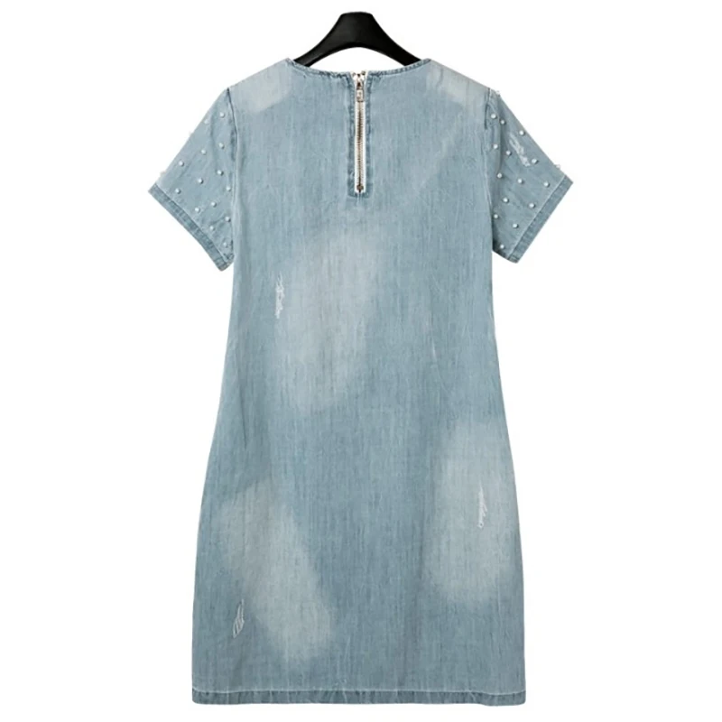 Летние свободные синие джинсовые платья для женщин, плюс размер, короткий рукав, о-образный вырез, женское джинсовое платье с эффектом потертости, Vestidos 4XL 5XL 50