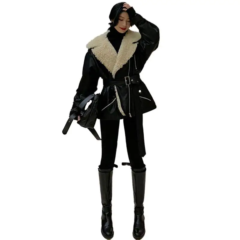 Женское осенне-зимнее пальто из искусственной овечьей шерсти, Толстая теплая овчина, овчина, искусственная кожа, мотоциклетная кожаная куртка, верхняя одежда на молнии V638