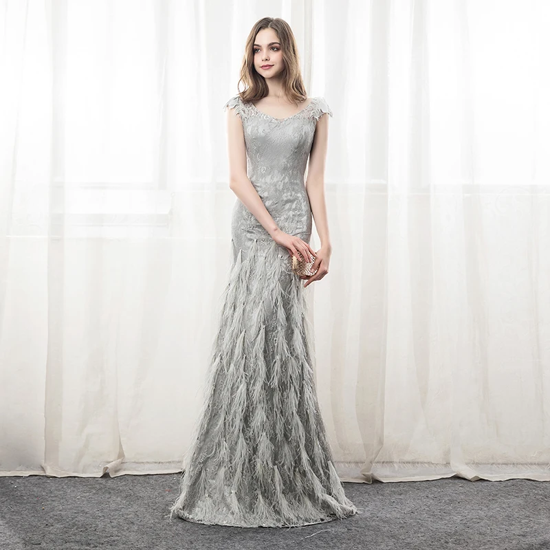 Серое роскошное кружевное платье с рукавами крылышками страуса Vestidos De Festa