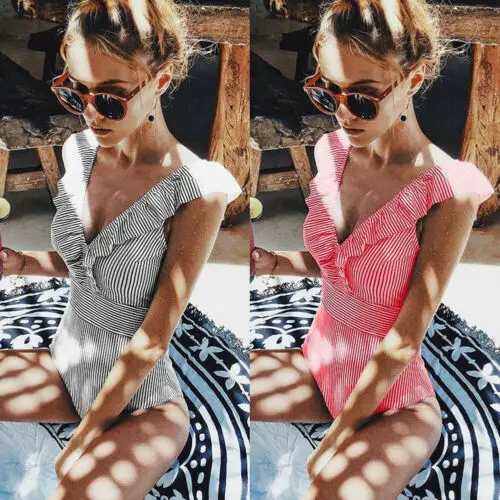 {Excellent|Wonderfull|Very Good|Very Recommended} Sexy Women Swimwear Retro Deep V Neck Stripe Swimsuit One Piece Bathing Suit Bikinis 2019 Limited Price