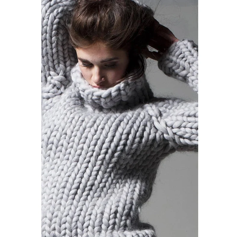 Женский зимний свитер сделанный на заказ чистый ручной работы большой размер 5XL свитер зимний ультра-толстый теплый серый свитер с высоким воротником