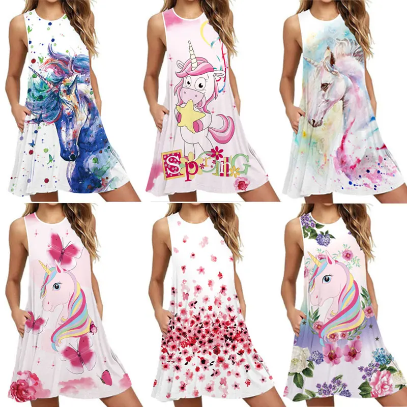 

Unicorn Print T Shirt Dress Women Sleeveless O Neck Short Mini Dresses Casual Summer Shift Beach Boho Dress Loose Holiday Robe