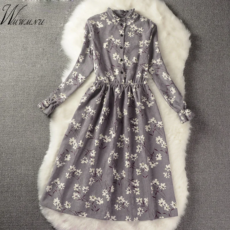 Beste Lente vrouwen Elegante gedrukt bloemen jurk 2018 Nieuwe collectie fashion lange mouwen elastische losse party jurk warme fluwelen jurk