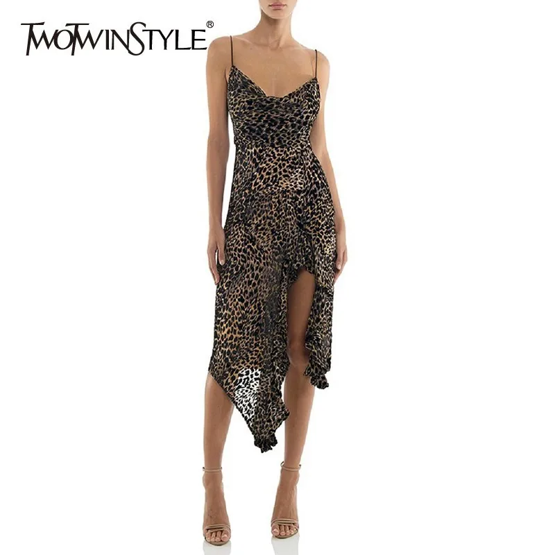 TWOTWINSTYLE Leopard Dress For Women V Neck Sleeveless High Waist Asymmetrical Midi Sexy Dresses Female Fashion Clothing 2020 TWOTWINSTYLE Leopard Dress For Women V Neck Sleeveless High Waist Asymmetrical Midi Sexy Dresses Female Fashion Clothing 2020