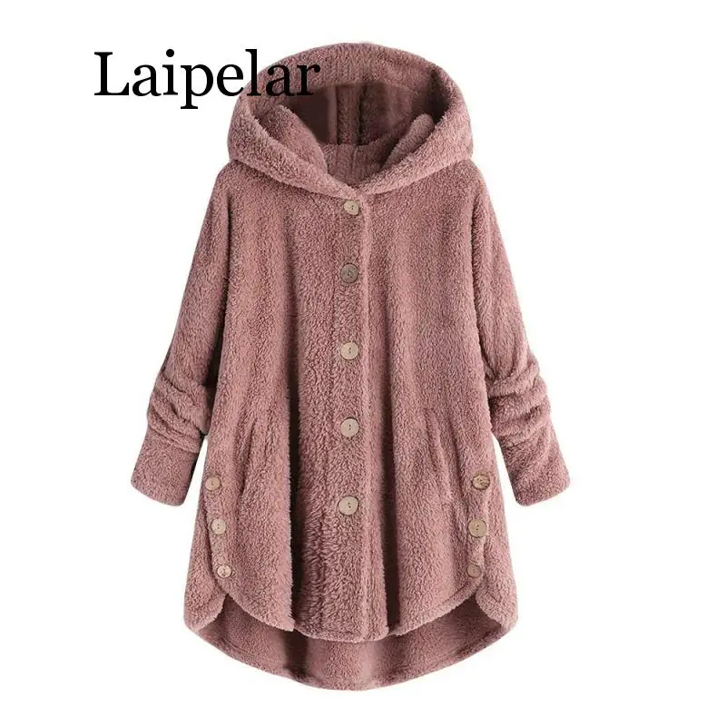 Laipelar New Thin Wool Blend Fashion Women Button Coat Fluffy Turn-down Collar Outwear Jacket Casual Tops Hooded Pullover Loose
