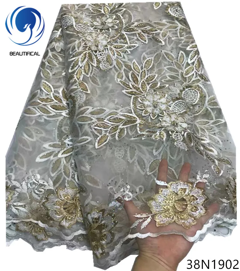 

Beautifical french white lace fabric french tulle lace fabrics with beads high quality embroidery lace fabrics new 5yards 38N19