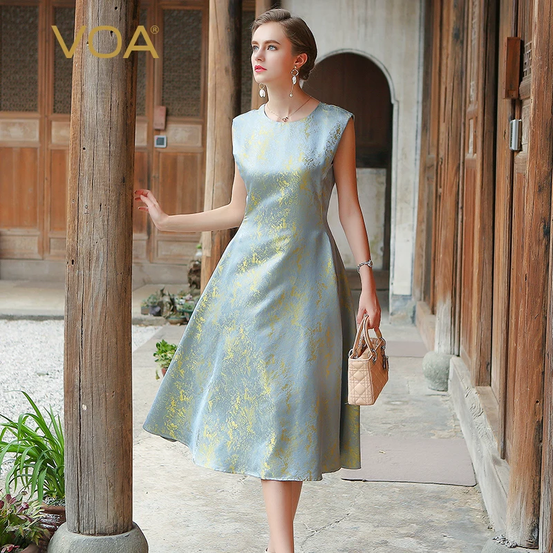 

VOA Silk Long Dress Women Sleeveless Sliver Grey Luxury Vintage Elegant Office Ladies Retro Chinese Brocade Dresses Fall A6619