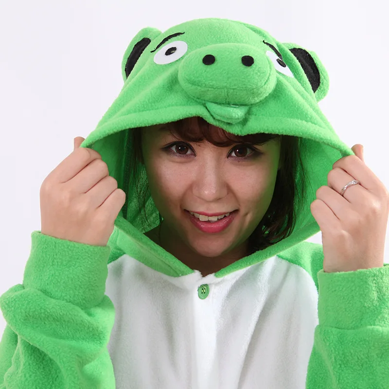 

Adult Women Green piglet pig Onesies Costume Red bird Animal Cosplay Pajamas Pyjamas Halloween COS Men polar fleece Sleepwear