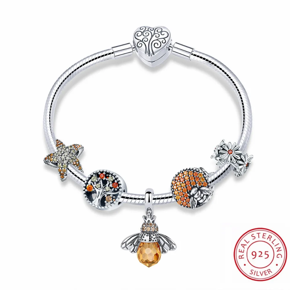 

New Trendy 100% Real 925 Sterling Silver Women Charms Bracelets with Tree of life & Starfish & Bee & Flower Charms Pendants