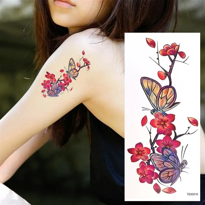 9 Feuilles Tatouage Temporaire Rose Pivoine Fleur Papillon
