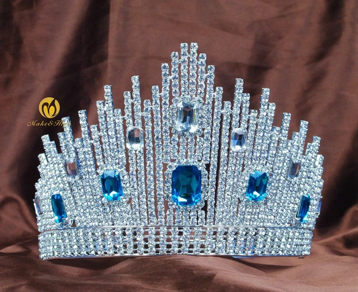 Голубой кристалл Miss Universe Pageant диадемы большие короны прозрачные стразы головной убор Свадебные вечерние костюмы для выпускного вечера