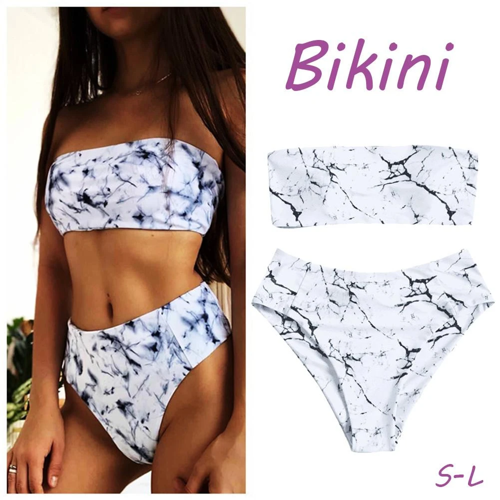 Marble print high waisted bandeau bikini set Clearance