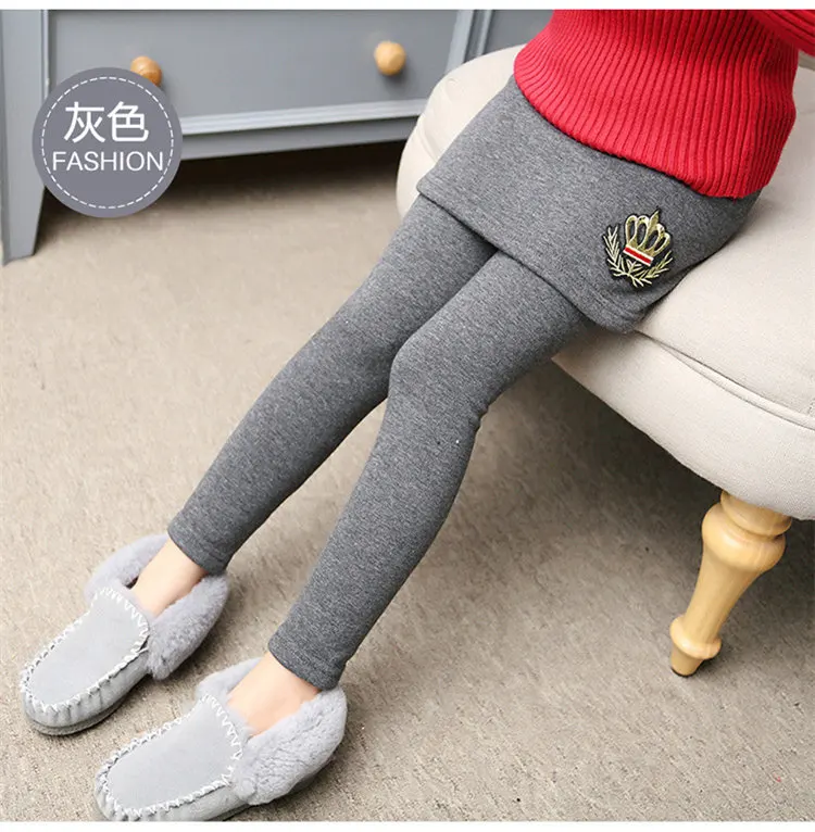 3-12 y children girls leggins winter leggings girls pants fleece warm leggings girl pantskirt solid color crown appliques (10)
