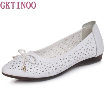 

GKTINOO Summer Genuine Leather Shoes Women Flats Pointed Toes Hollow Out Soft Breathable Ladies Flat Shoes Moccasins For Women