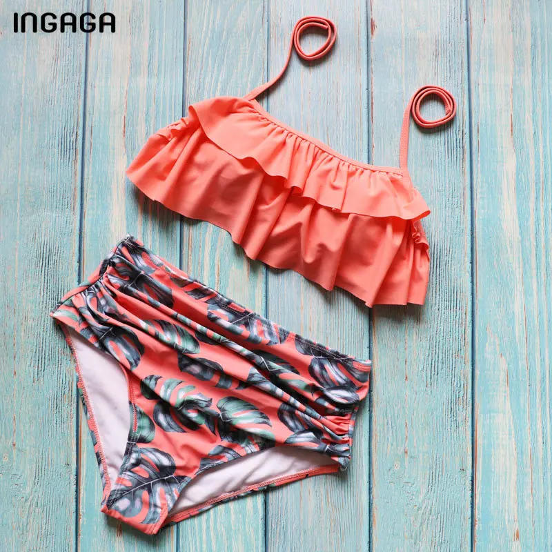 

INGAGA New 2018 High Waist Bikini Set Ruffle Sexy Swimwear Women Dot Printed Swimsuit Halter Padded Bathing Suits